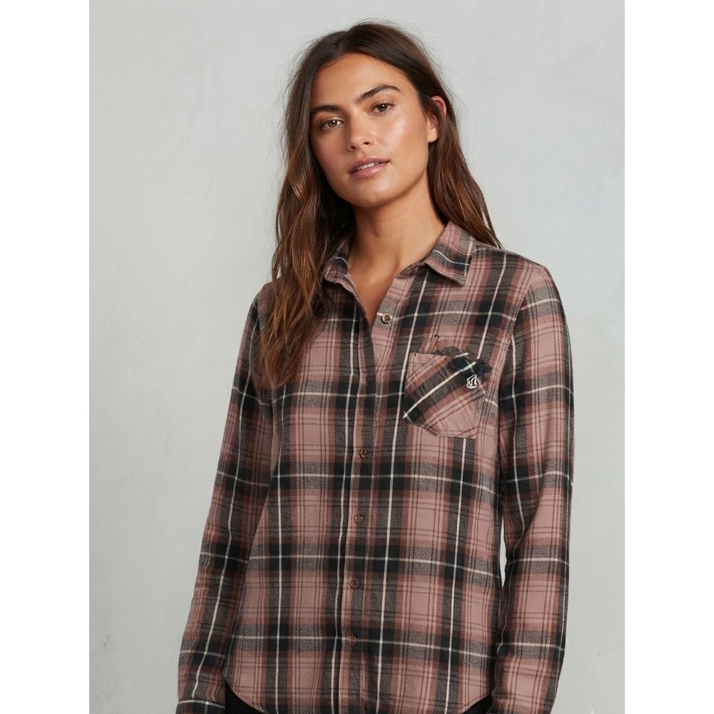 Volcom Plaid Flannel Long Sleeve Button Down Skate Shirt Brown Pink Small S
